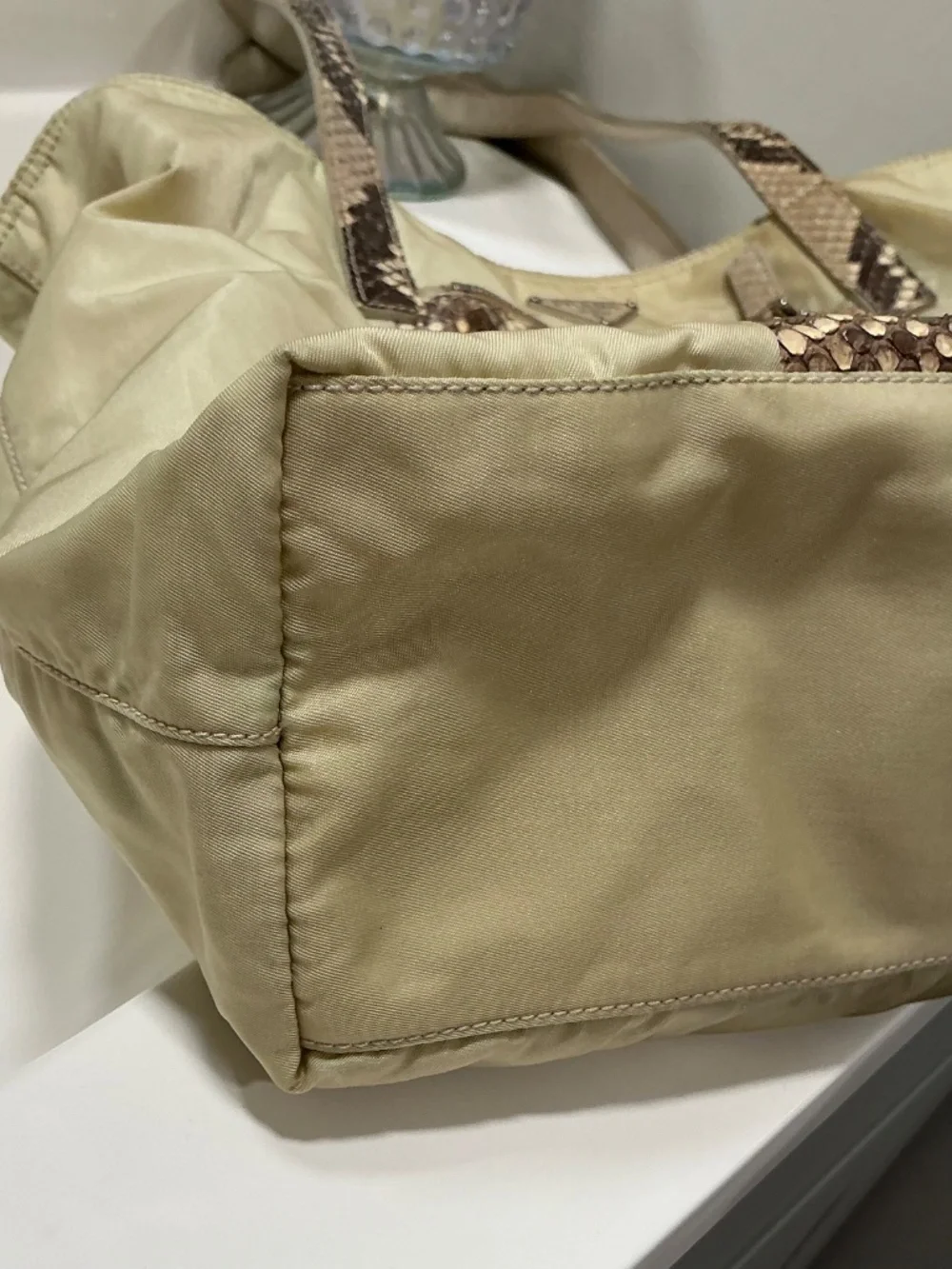 Prada beige nylon shoulder bag with genuine python accents